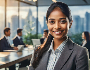 Confident businesswoman smiling in a modern office setting with colleagues and cityscape background.