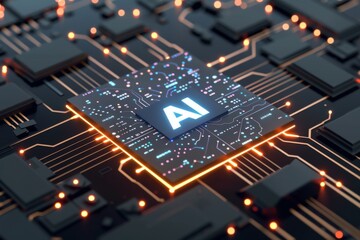 AI Brain Chip memory ballooning. Artificial Intelligence it maintenance mind default mode network axon. Semiconductor ai productivity circuit board tls - obrazy, fototapety, plakaty