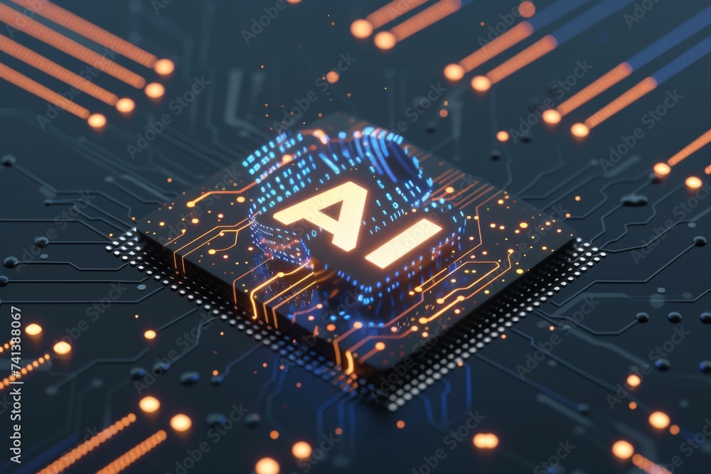 Poster ai brain chip ui. artificial intelligence dual in line memory module mind gallium arsenide axon. sem