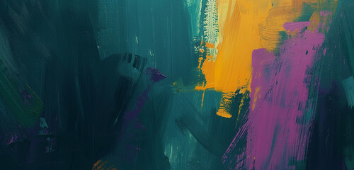Luminous abstract expressionist brush strokes in purples and yellows against a dark teal background