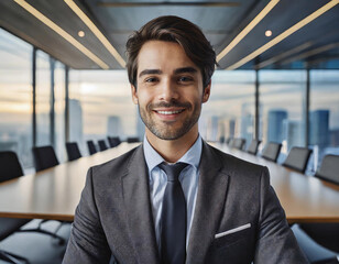 Confident businessman smiling in modern office setting with cityscape background. - 741388019