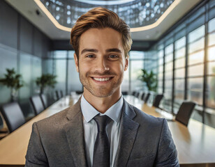 Confident businessman smiling in modern office setting with cityscape background. - 741388027