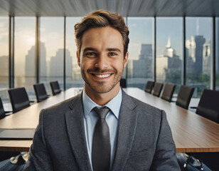 Confident businessman smiling in modern office setting with cityscape background. - 741388054
