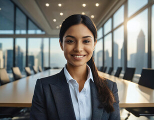 Confident businesswoman smiling in a modern office setting with cityscape background. - 741388066