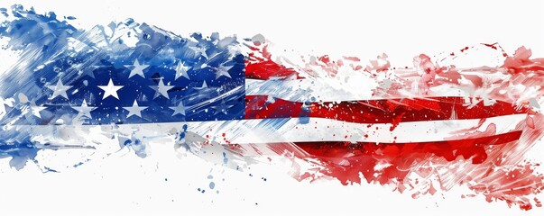 Abstract flag of United states of America made from watercolor paint splashes in red and blue colors with stars. USA national holiday concept background.