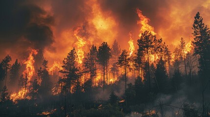 Great wildfire burning the a large forest, global crisis of climate change, protecting the world from global boiling crisis.