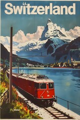 switzerland vintage travel poster, graphic style, with banner text "Switzerland"