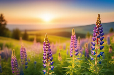 Beautiful sommer lupins flowers in the meadow at sunset. Nature background
