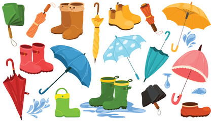 Umbrellas and rubber boots set. Rain protecting accessories, waterproof shoes. Gardening, autumn, spring season. Hand drawn vector illustration isolated on white