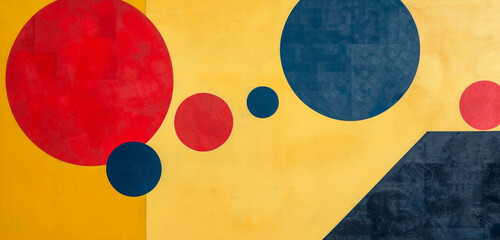 Minimalist composition with red and blue geometric shapes on a yellow background
