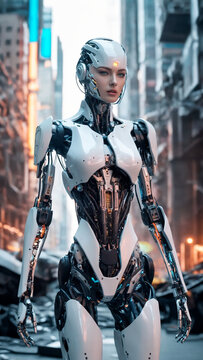 Female robot in a futuristic city. Futuristic concept