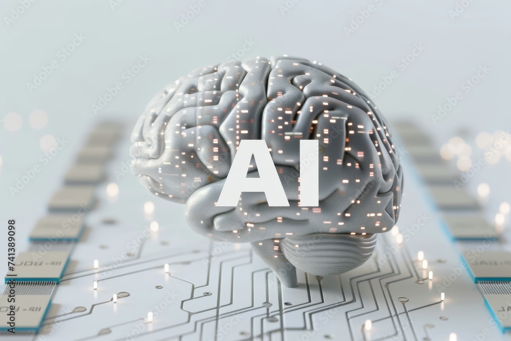 Poster ai brain chip gallium nitride. artificial intelligence decision making mind neurocomputing axon. sem