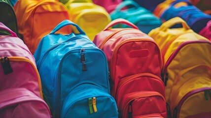 Colorful backpacks, tightly packed, show a range of bright hues like blue, red, pink, yellow, and green. The foreground blue and red backpacks stand out with more detail - obrazy, fototapety, plakaty