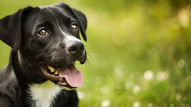 black dog with bright eyes looks alert and playful, mouth open and tongue out as if ready for fun. The background suggests greenery, likely outdoors, with natural light, black labrador retriever