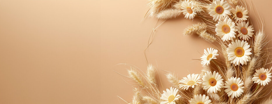 elegant beige background with fresh daisy flowers and soft pampas grass arrangement with large copy space for text 