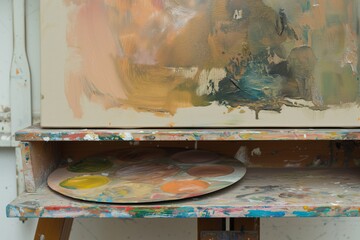 palette on an easel shelf with a halfpainted canvas above