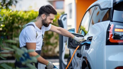 Fototapeta premium Electrician man smiling and installing a home charging.