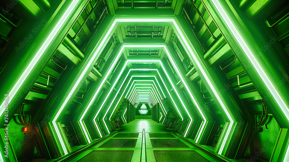 Poster sci-fi corridor and futuristic tunnel concept, glowing neon lights and modern architecture in a digi