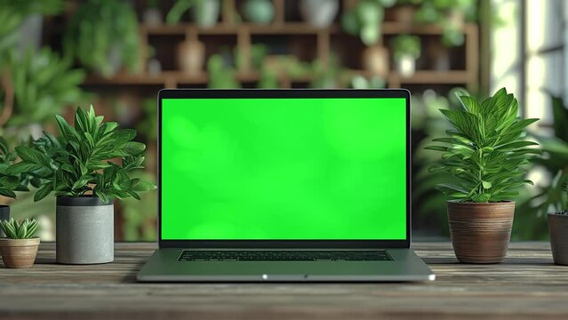 Close up shot of laptop with green screen chroma key, on the desk pots with plants, blurred background with closet and flowers. 4k slow motion