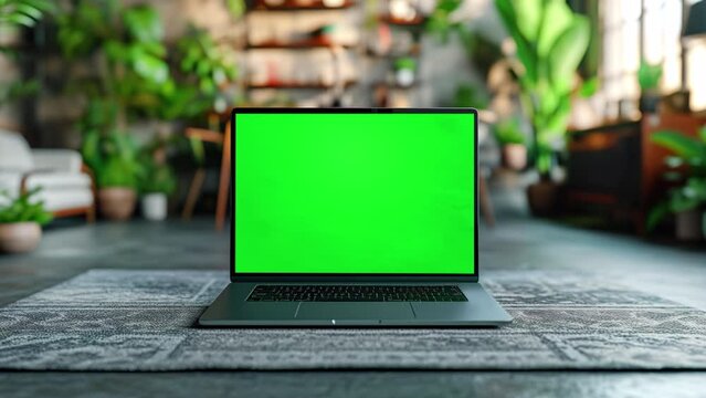Close up shot of laptop with green screen chroma key, on the carpet on the floor, blurred background with flowers. 4k slow motion