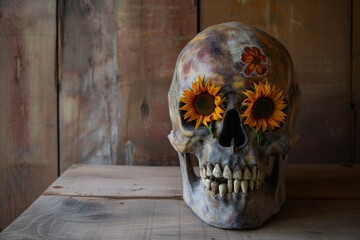 painterly skull with sunflowers in the eye sockets, on a wooden table