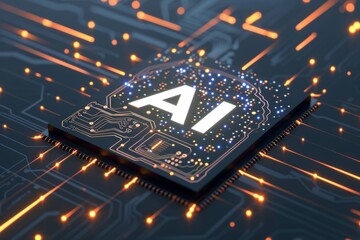 AI Brain Chip atomic laser. Artificial Intelligence fpga design mind server data integrity axon. Semiconductor external ssd circuit board nanotechnology - obrazy, fototapety, plakaty