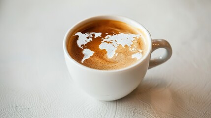 Coffee mug with world map latte foam art on white background. - obrazy, fototapety, plakaty