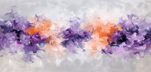 Radiant abstract expressionist brush strokes in a mix of violet and peach against a soft grey background