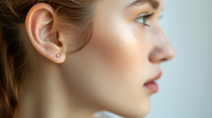 Close up portrait of a young woman with earring in profile. Ear close up of white woman with copy space, advertisement on ear hangers. - obrazy, fototapety, plakaty