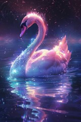 Neon gradient light illuminating a majestic swan on the water, creating a rainbow effect, perfect for vibrant wall art, music album covers, or inspirational social media posts - obrazy, fototapety, plakaty