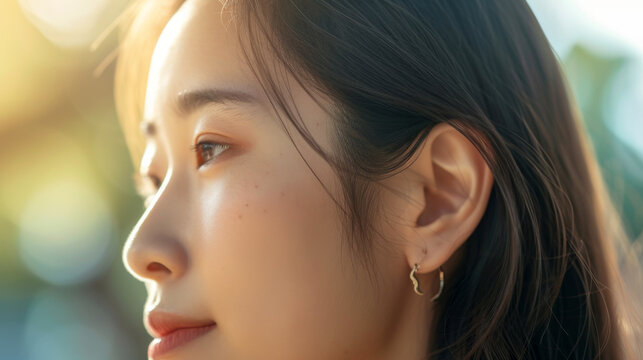 Portrait of a beautiful Asian woman with long hair and an earring in her ear. Close up portrait of a young woman with earring in profile. Ear close up of woman with copy space.