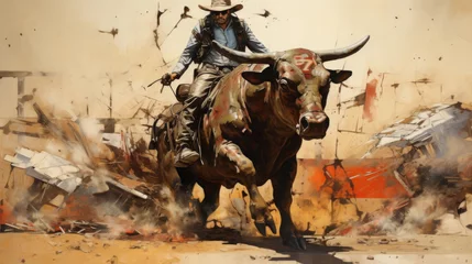 Fotobehang Illustration of a cowboy in the saddle on a blurred background. Bullfighter riding on a bull in the bullfight. A cowboy riding a bull in a recreational competition. Colorful vintage rodeo illustration © Helen-HD