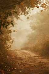 Fototapeta premium Foggy rural dirt path. Moody early morning hues. Empty dirt road. Forest path. Dirt way in the woods. warm brown sepia colors. Bright focal point. Perspective path. Cinematic lighting. Foggy, misty.