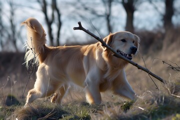 golden retriever catching stick, tail wagging voraciously