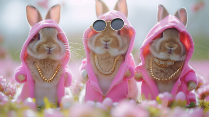 Three adorable bunnies sporting fluffy pink hoods frolic in a vibrant green meadow, ready for the Easter festivities