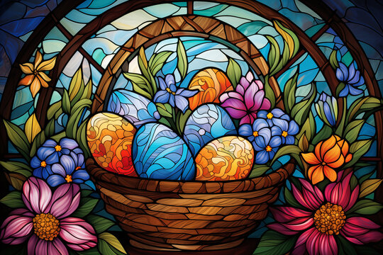 A vibrant stained glass masterpiece depicts a colorful basket overflowing with Easter eggs, surrounded by blooming flowers