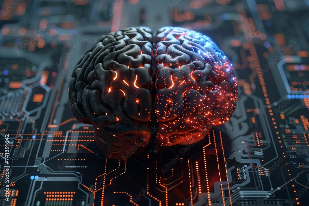 Poster ai brain chip neon. artificial intelligence visionary initiative mind emotion recognition axon. semi