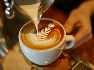 Barista pours latte art in coffee shop - obrazy, fototapety, plakaty