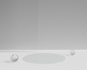 3D white background with glass product podiums.