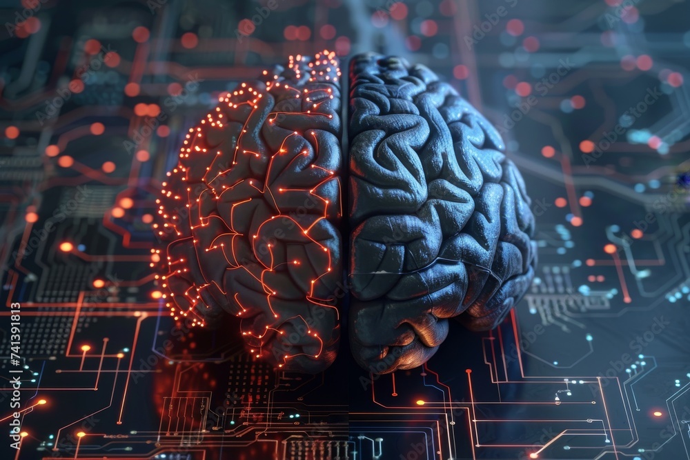 Poster ai brain chip neon citrus splash. artificial intelligence ssd mind quantum processor axon. semicondu