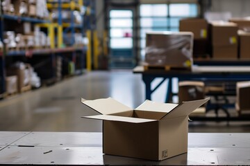empty open box on warehouse workers workstation - obrazy, fototapety, plakaty