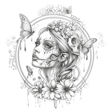 Beautiful girl with tattoo, roses and skull. Illustration for design card on day of dead