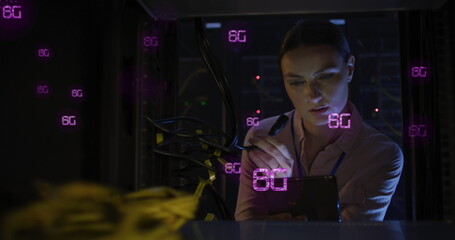 Image of falling icons over caucasian female server room worker