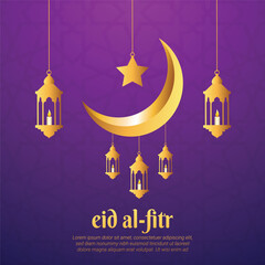Fototapeta premium Eid al Fitr greeting card with crescent moon and lanterns