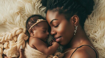 Beautiful black mother embracing newborn baby, expressing love, warmth, and the bond between mother and child