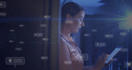 Image of falling icons over caucasian female server room worker