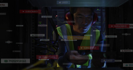 Image of falling icons and network of connections over biracial male server room worker