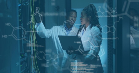 Image of data processing over african american couple server room workers