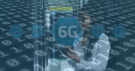 Image of data processing over female african american server room worker