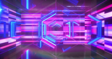 Image of neon shapes moving and digital tunnel on black background